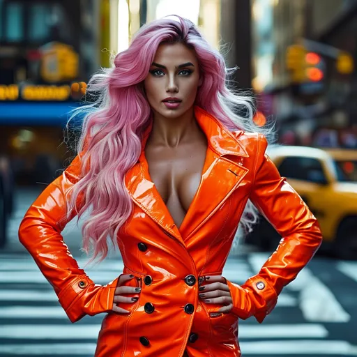 Prompt: Glamour photography of a Gorgeous ultra-muscular 25-year-old Italian female goddess bodybuilder with very long flowing pink hair, in Manhattan, Richard Avedon style, curvaceous, diamond face, muscular physique, neon orange leather jacket, buttoned blouse, miniskirt, 8 inch stiletto high heel fashion boots, dynamic pose, busy streetscape background, high-res, glamorous, urban, fashion photography, vibrant, detailed eyes, dramatic lighting