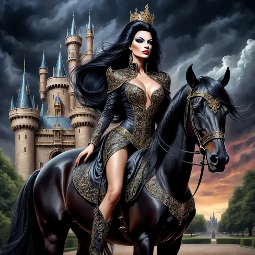 Prompt: A gorgeous muscular drag queen stands before her castle, her castle in the background, her back towards the viewer, she is mounted on her horse, long flowing black hair cascading elegantly down her back, royal attire shimmering with intricate details, high-reaching towers, under a dramatic dark sky, rich colors, ultra-detailed, high definition, emphasizing royal elegance and strength.