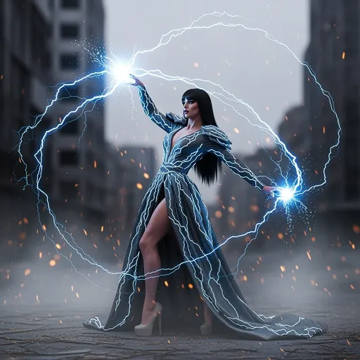 Prompt: Splash art, swirling magical lights, dense fog, create an intricately detailed, full body, ultra realistic, 3D Rendered image. Focused on an enticing, alluring, highly detailed, Gorgeous, athletic, 35-year-old caucasian Turkish drag queen with very long straight shiny black hair, wearing a gown of lightning, 8 inch stiletto high heel shoes, super exotic, drag queen goddess. {Casting a magic lightning bolt in an epic depiction of battling the green orcs in a fantasy tower}, using a legendary fantasy weapon. In a dystopian city destroyed by war background. 8k resolution, photo realistic, highly exotic, ultimate fantasy, digital concept art, perfect cinematic lighting, perfect shading.