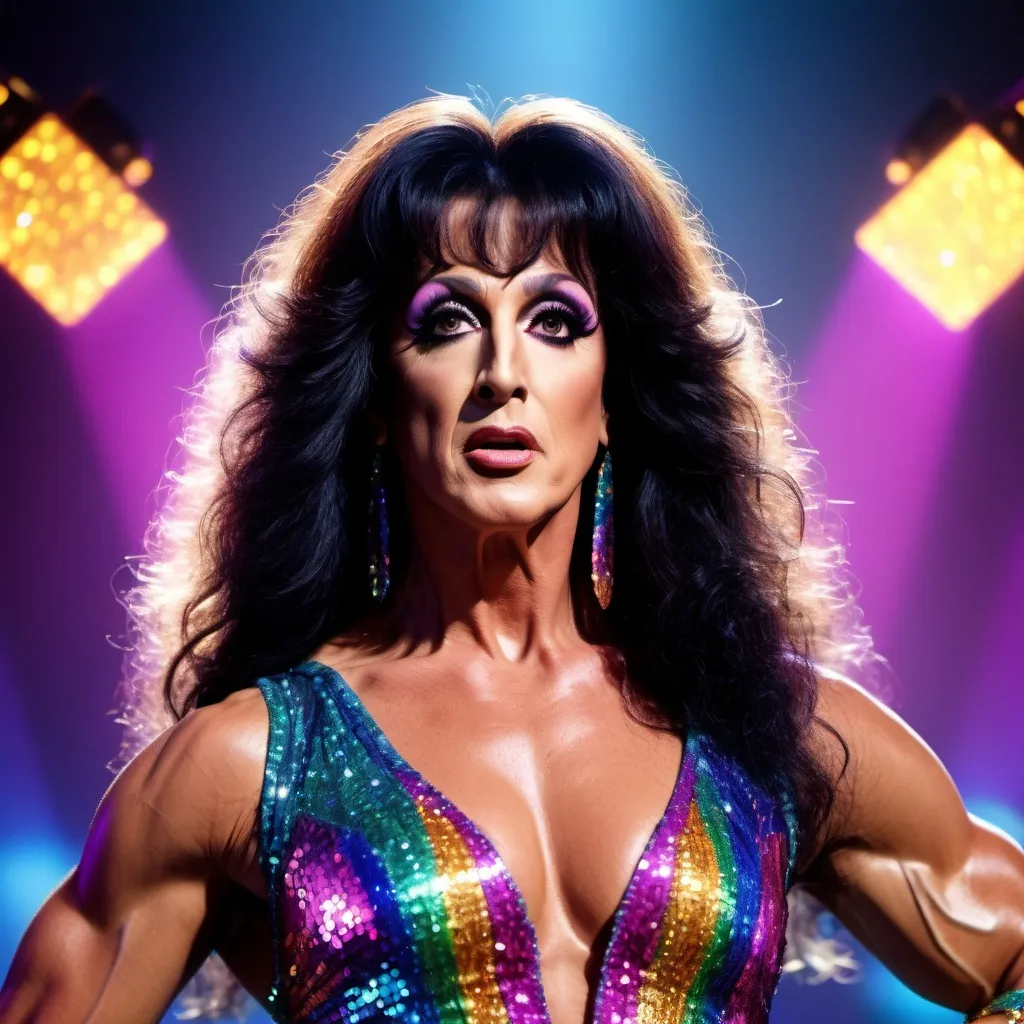 Prompt: Sylvester Stallone dressed up as a gorgeous ultra-muscular 25-year-old drag queen Cher performing on stage.