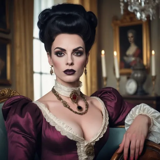 Prompt: A gorgeous muscular 25-year-old French drag queen (with large busom, dark eye makeup, dark lipstick, and strong masculine jawline and brow facial features) regency era noblewoman in aristocratic attire