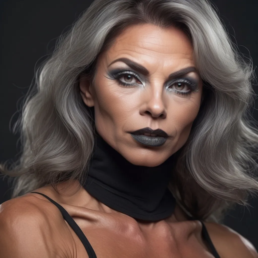 Prompt: Create a highly stylized, ultra-detailed portrait of a Caucasian, Gorgeous, very muscular, suntanned, 50-year-old, French drag queen bodybuilder (with very masculine jawline and brow facial features, dark lipstick) with long, silver,  corkscrew,  oiled curly  hair, each piece in place. Her face is flawlessly smooth with a porcelain-like finish, set against the bright, intense brunette of her hair. She has a powerful, ethereal presence, with her eyes light blue, grey slightly narrowed, accentuated by smoke eye makeup that blends seamlessly with her hair, creating a monochromatic, cohesive look. Her lips are painted a vivid, matte red, giving a dramatic contrast against her pale, flawless skin. She wears a charcoal turtleneck. The background is a subtle gradient of charcoal tones, giving a sense of warmth and surreal beauty. The lighting is soft and even, highlighting the textures of the hair, fabric, and her facial features, with shadows that enhance the contrast between her pale skin. The overall aesthetic should be bold, modern, and surreal, exuding a sense of power and elegance. Render this in a 1:1 aspect ratio for a balanced, symmetrical portrait that captivates the viewer's attention.