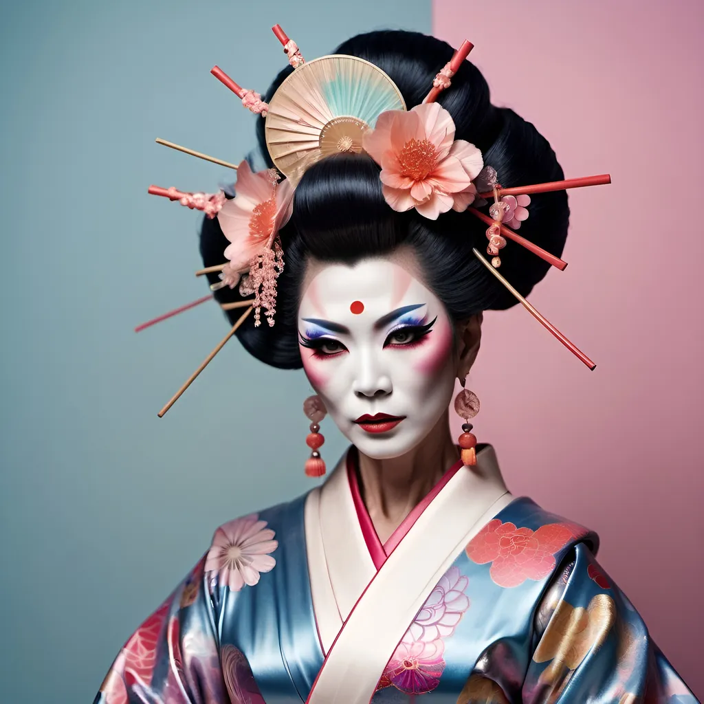 Prompt: Gorgeous muscular 55-year-old Japanese drag queen dressed up as a Avantgarde geisha, (innovative styling), pastel colors, intricate patterns, striking makeup, (dramatic hairstyles), seamless blend of tradition and modernity, (elegant pose), atmospheric background with abstract elements, captivating and surreal vibe, (highly detailed), enchanting yet edgy aesthetic, (4K quality), intriguing juxtaposition of vintage and contemporary.