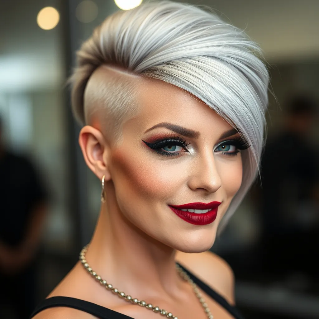 Prompt: side buzzed fade longer updo top cut with a silver and black trendy moehawk, hair cut sample, fashion magazine, high focus on trendy hairstyle, gorgeous 50-year-old Finnish drag queen bodybuilder model with thick eyeshadow and dark red lipstick, flirty, confident smile --ar 9:16 --v 6.0