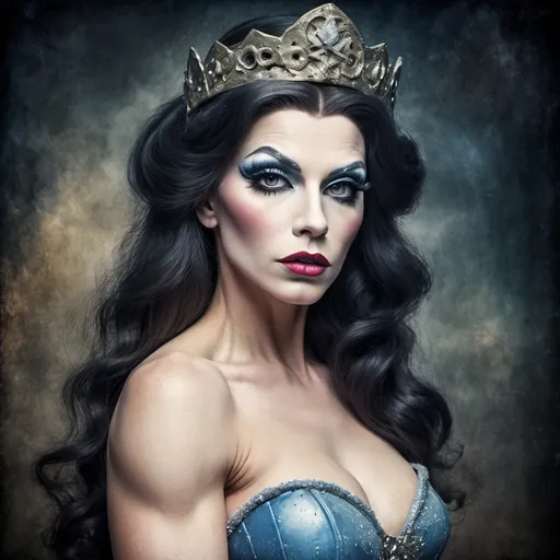 Prompt: Grunge medieval Cinderella drag queen bodybuilder (strong drag queen facial features), impasto, old picture effect, whimsical, highres, detailed, medieval, impasto, old picture effect, grunge, Snow White, fairy tale, dark tones, atmospheric lighting