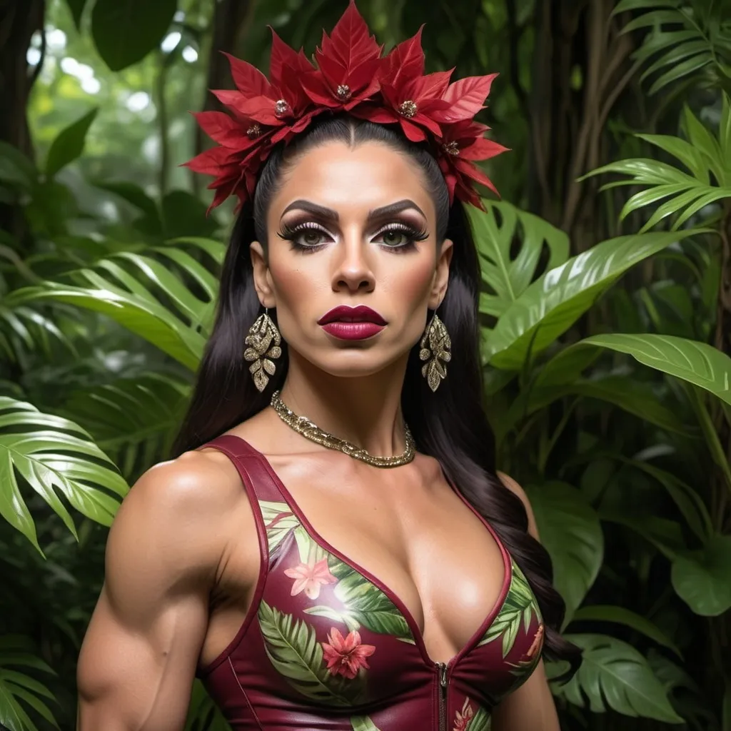 Prompt: Gorgeous ultra-muscular 25-year-old Spanish drag queen bodybuilder (floral warrior elegance:1.2), (best quality:1.1), leafy environment, cinematic capture, 4k UHD resolution, (Amazonian Leaf Royalty:1.3), standing tall amidst foliage, leaf-patterned attire with intricate floral embellishments, (delicate leaf and floral accents:1.2), nature-inspired accessories, dark red lips, dark red eye shadow, ambient sunlight filtering through leaves, (soft natural glow:1.15), atmospheric jungle setting, sophisticated leafy warrior elegance with a sensual touch