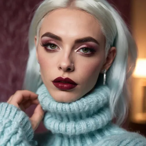 Prompt: Gorgeous muscular 25-year-old silver-haired French drag queen (masculine jawline and brow facial features) in a modern home, against a wall with wallpaper and furniture background
wearing long cable knitted angora mohair sweater , (extremely fluffy:1.8) angora mohair sweater, from side, looking at viewer, smile, (full lips:1.8), dark red lipstick, daek eyeliner, dark makeup, 8k, very detailed, green eyes, very detailed eyes,
source_real, raw, photo, amateur, french drag queen, Close-Set Eyes, [eyecolors violet], full lips, high cheekbones, weak receding chin, burgundy, lob, light blue, lip gloss, __15JeweleryMaterials__ __14Piercing__, large busom,  gorgerous, outdoor, portrait, , highly detailed, detailed skin, depth of field, film grain
(photorealistic) (bokeh) (intricate details) (cinematic lighting) (sharp focus)
