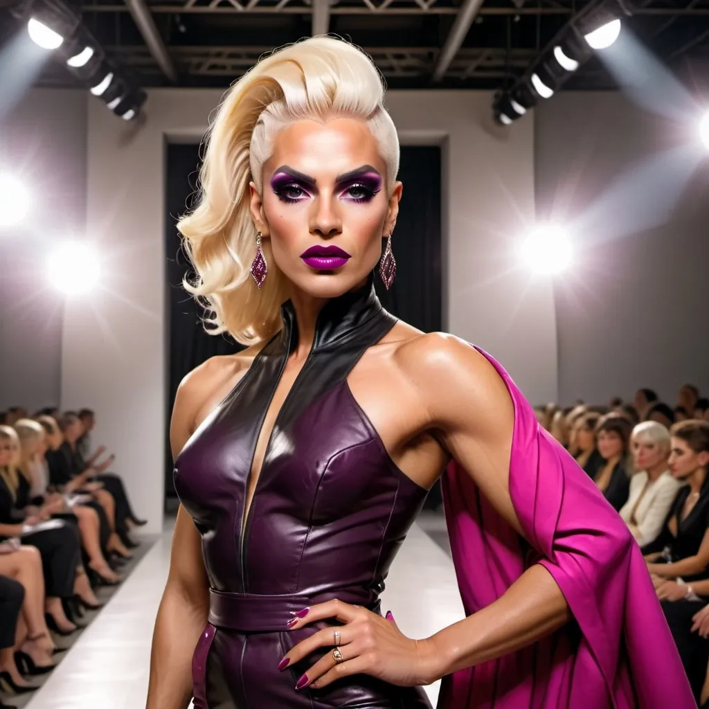 Prompt:  (A gorgeous muscular 35-year-old Macedonian drag queen (masculine jawline and brow features) with dark eyeshadow, 
dark lipstick,  and platinum blonde hair wearing a magenta Versace), fierce pose, dramatic (red and black color palette), high-fashion editorial style, luxurious fabric textures, sleek and chic outfit details, vivid presence, modern ambiance, strong emotional intensity, cinematic lighting, backdrop of elegant high-fashion runway, (ultra-detailed, 4K).