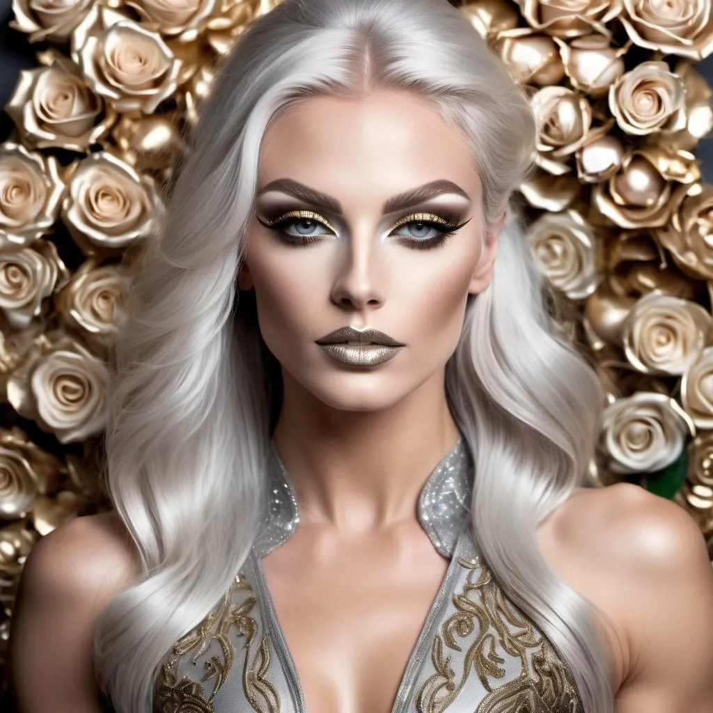 Prompt: Full body portrait of a caucasian gorgeous ethereal ultra-muscular Czechian 25-year-old drag queen bodybuilder,  The color scheme of the image is dominated by gold and silver hues. Her ridiculously long, silvery hair is elegantly gathered in a sleek bun, adorned with golden roses for added sophistication. The ethereal and fairy-like makeup enhances her divine beauty, with intricate golden accents around her eyes, shimmering highlights on her cheeks, and a radiant, golden lip color.

The goddess wears a short metallic gown that catches the light and reflects golden highlights as she moves. The view from a distance accentuates the goddess's perfect form 