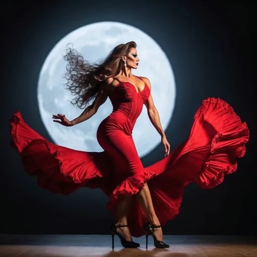 Prompt: Gorgeous muscular 35-year-old Hungarian drag queen bodybuilder (with long wavy hair, flamenco dress and 8 inch stiletto high heel shoes) dancing flamenco as her silhouette shows through a giant full moon.