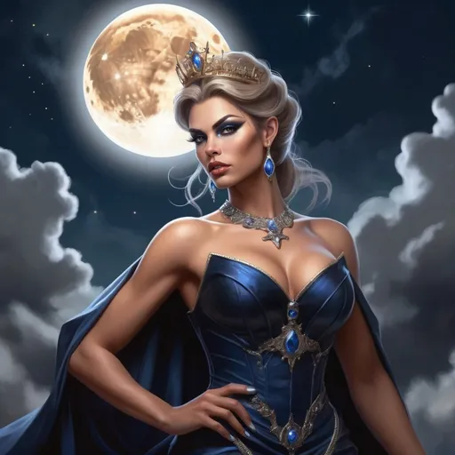 Prompt: The Queen Of Time And Space, a gorgeous muscular drag queen (with strong masculine jawline and brow facial features), Dark blonde hair and big busom, in a midnight blue dress standing in a field of clouds and stars with a full moon behind her, Anne Stokes, fantasy art, epic fantasy character art, concept art