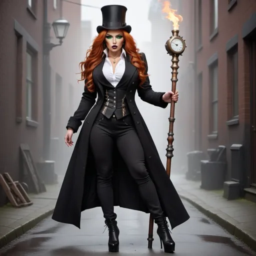 Prompt: A gorgeous ultra-muscular 25-year-old Icelandic drag queen bodybuilder with huge busom wearing a long black coat, with a black waistcoat and a white shirt, unbuttoned at the top . She's wearing a slightly crumpled top hat and has ridiculously long dark orange hair. She carries a walking cane with a red crystal, round handle. She has green eyes. In the style of gothic & steam punk. She is about 25 years old. wearing a heavy, black coat, black pants, and 8 inch high heel shoes. Composition focus on legs and full-body.