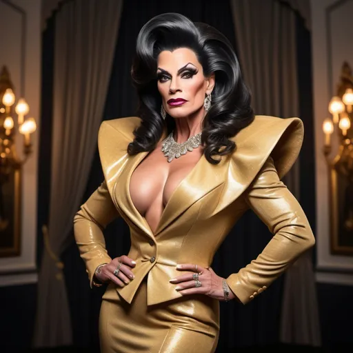 Prompt: "A gorgeous muscular Swiss drag queen in her late forties with striking dark graying hair and brown eyes that shimmer with a golden hue. She has a sharp, regal face and an air of authority. Known as the 'Golden Dutchess,' she is tall and muscular, exuding confidence and refinement. Dressed in a tailored noble coat with intricate detailing, she stands in a grand hall, her demeanor poised yet guarded, hinting at a troubled past beneath her polished exterior."