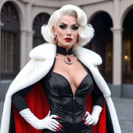 Prompt: A hyper realistic, gorgeous, ultra-muscular 25-year-old Czechian drag queen bodybuilder dressed as Cruella in Gucci very detailed and accurated 64k quality HD 3D outfit