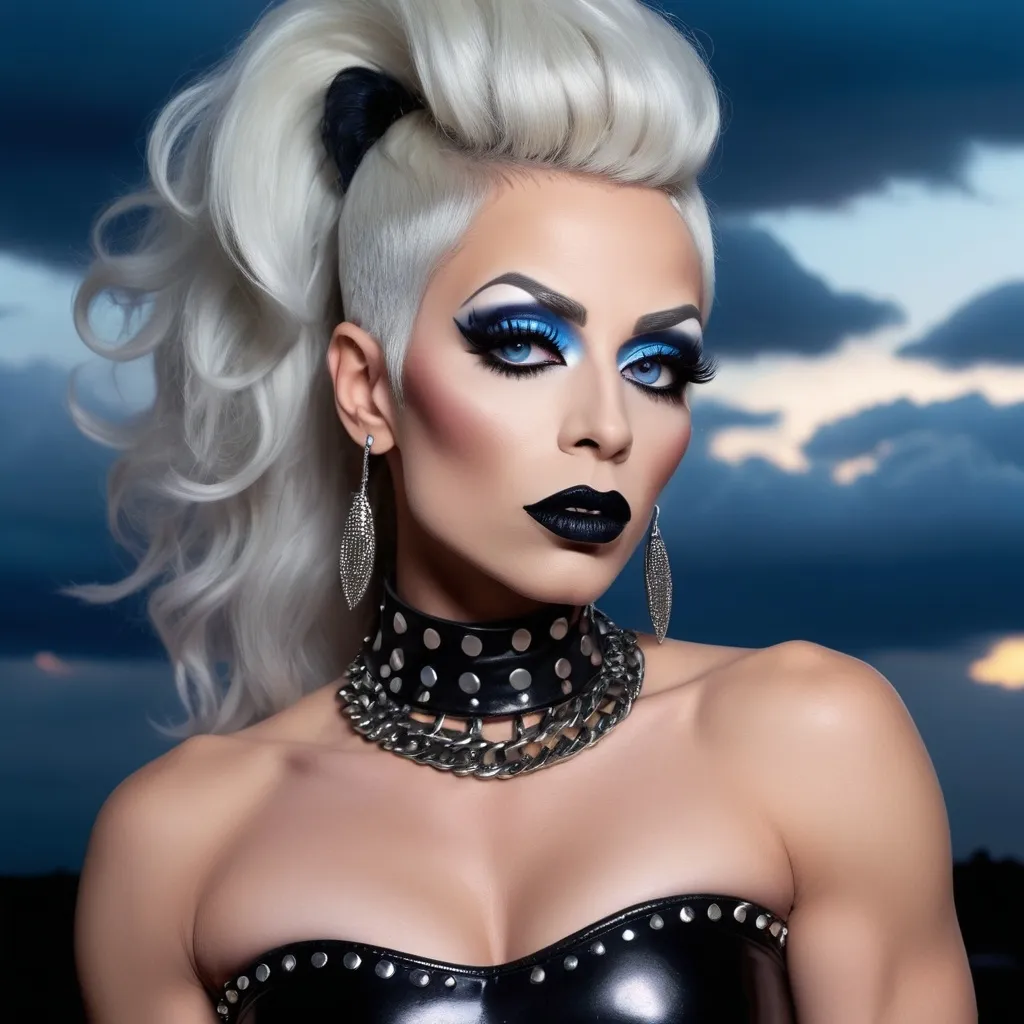 Prompt: Emo 35-year-old drag queen, muscular 
physique, black lipstick, black eyeliner, long eyelashes, blue eyes, studded choker, big lips, long nose, bare shoulders, stormy sky. Masterpiece, perfect face, beautiful, vivid colors, photorealism, portrait