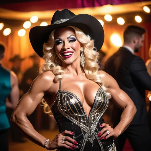 Prompt: A wide, soft focus, full-body (((cowboy shot))) of a Swiss champagne drag queen diva bodybuilder at a bohemian masquerade ball. Dramatic lighting and shadows. She is laughing heartedly, expressive body language.