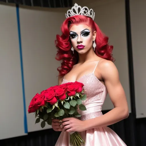 Prompt: Gorgeous muscular 18-year-old French drag queen prom queen (very strong masculine facial features) posing on the (high school) gymnasium stage holding a bouquet of roses. Beautiful, classy, and flirty gown, 8 inch stiletto high heel shoes.