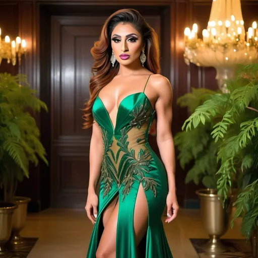 Prompt: Ultra-beautiful ultra-muscular 25-year-old Afghan drag queen bodybuilder, (hyper-transparency dress and 8 inch stiletto high heel shoes) Photo realistic, dark fantasy, sensual, standing in the wedding banquet hall, standing in the wedding venue, brown eyes, green gown, tree line, brazier, mists, detailed beauty face, detailed beauty eyes, black long hair, surreal beauty, soft light, long shot, UHD, 8k, high quality, oil painting, hyper realism, 