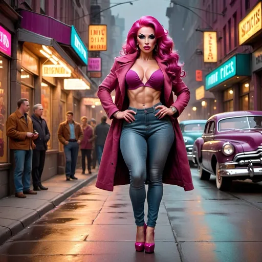 Prompt: Full body 64k hi-res hd digital photograph 
of a gorgeous ultra-muscular 25-year-old Czechian drag queen goddess bodybuilder with ridiculously long flowing magenta colored hair, wearing tan jacket, faded jeans, 8 inch stiletto high heel shoes, vibrant and colorful, high resolution, realistic, retro aesthetic, detailed facial features, 1950s style, urban street setting, warm and nostalgic lighting, professional, character concept art, detailed clothing and expression, vibrant colors, 1960s city ambiance