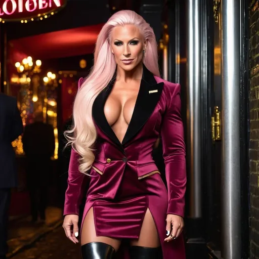 Prompt: Gorgeous ultra-muscular 25-year-old Swedish goddess bodybuilder with huge busom and ridiculously long styled platinum pink hair, wearing a maroon tailcoat with gold trim, black miniskirt, 8 inch stiletto high heel Prada boots, standing outside London, England nightclub at night, 8k photo, high detail, elegant, glamorous, nightlife, sophisticated, detailed makeup, wavy hair, luxurious attire, atmospheric lighting