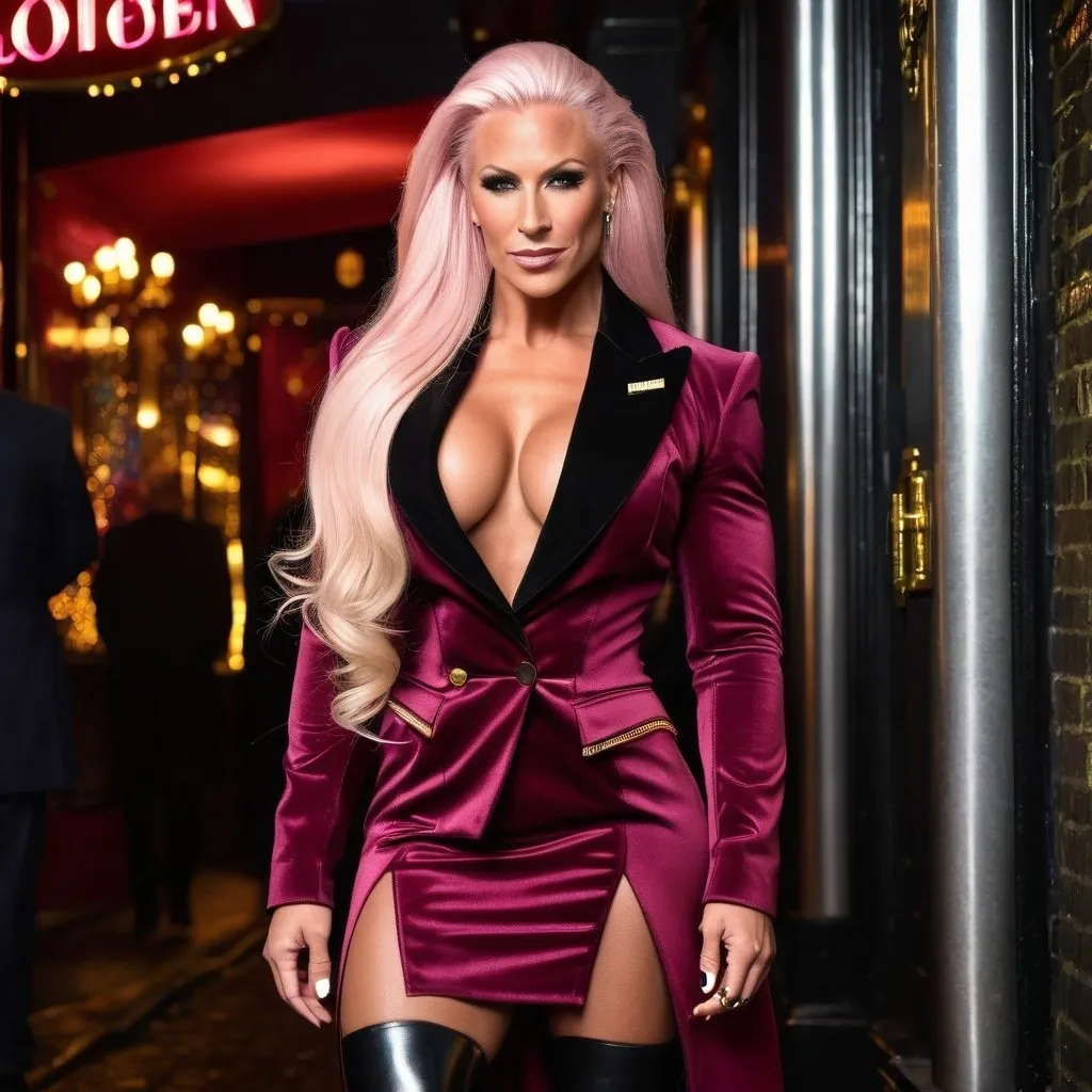 Prompt: Gorgeous ultra-muscular 25-year-old Swedish goddess bodybuilder with huge busom and ridiculously long styled platinum pink hair, wearing a maroon tailcoat with gold trim, black miniskirt, 8 inch stiletto high heel Prada boots, standing outside London, England nightclub at night, 8k photo, high detail, elegant, glamorous, nightlife, sophisticated, detailed makeup, wavy hair, luxurious attire, atmospheric lighting