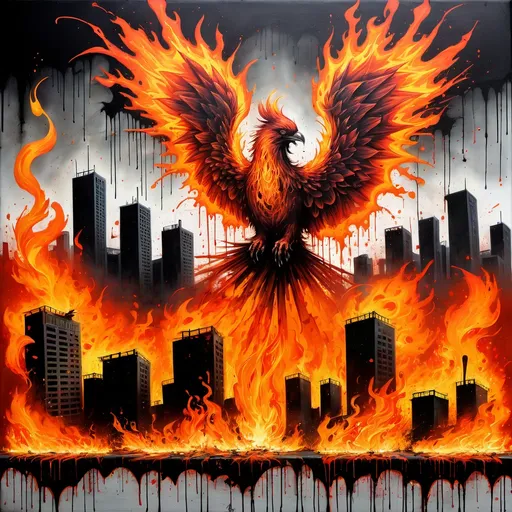 Prompt: Graffiti, splatter painting of a burning city destroyeds by a burning horror Phoenix