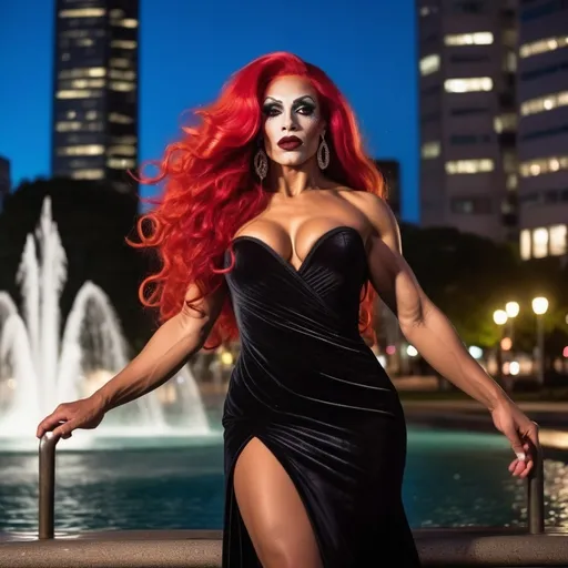 Prompt: Gorgeous ultra-muscular 25-year-old Peruvian drag queen bodybuilder with ridiculously long wavy bright red hair (((blowing in the wind))), dark eye shadow and dark red lipstick,  wearing a extravagant black and silver velvet Prada dress and 8 inch high heel shoes, posing by the fountain in the park at night.