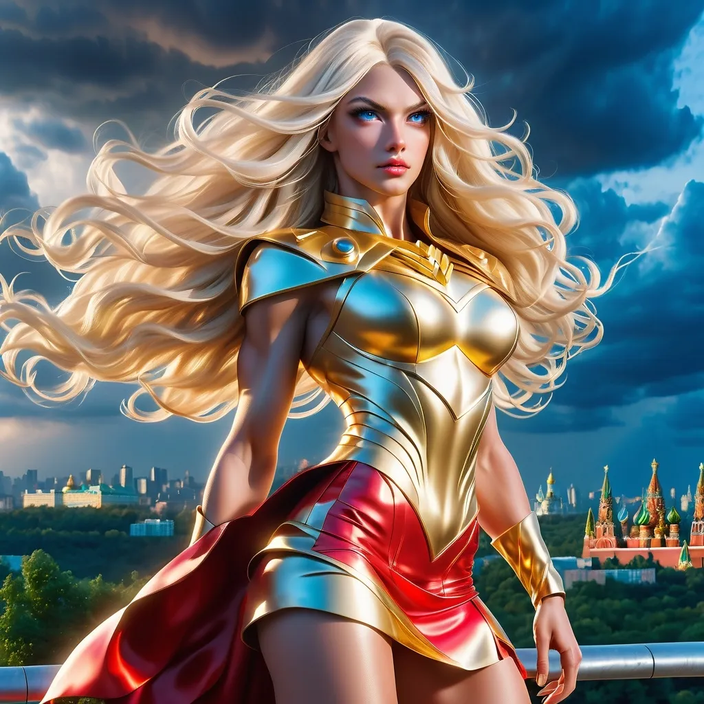 Prompt: Gorgeous ultra-muscular buxom 25-year-old Romanian drag queen bodybuilder with ridiculously long wavy platinum blonde hair 
(blowing  in  the  wind) wearing colorful neon red and gold mini skirt, highly detailed face with sharply detailed blue eyes, UHD, volumetric lighting, standing on a bluff, distant storm approaching Moscow, futuristic fashion, detailed hair, elegant pose, cityscape, urban, intense gaze, highres, ultra-detailed, glamorous, fashion, atmospheric lighting, modern