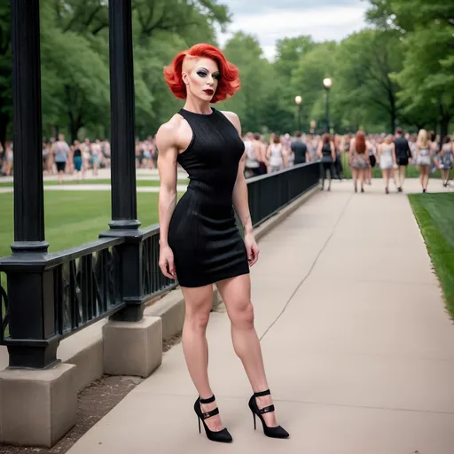 Prompt: A gorgeous muscular red-headed 25-year-old Czechian drag queen with a cute platinum blonde swept over pixie hair, with  strong masculine facial features,  dark eyeshadow and dark lipstick,  wearing a Knit Pleat-Back Dress, and 8 inch stiletto high heel shoes,  walking through Grant Park in the summer.