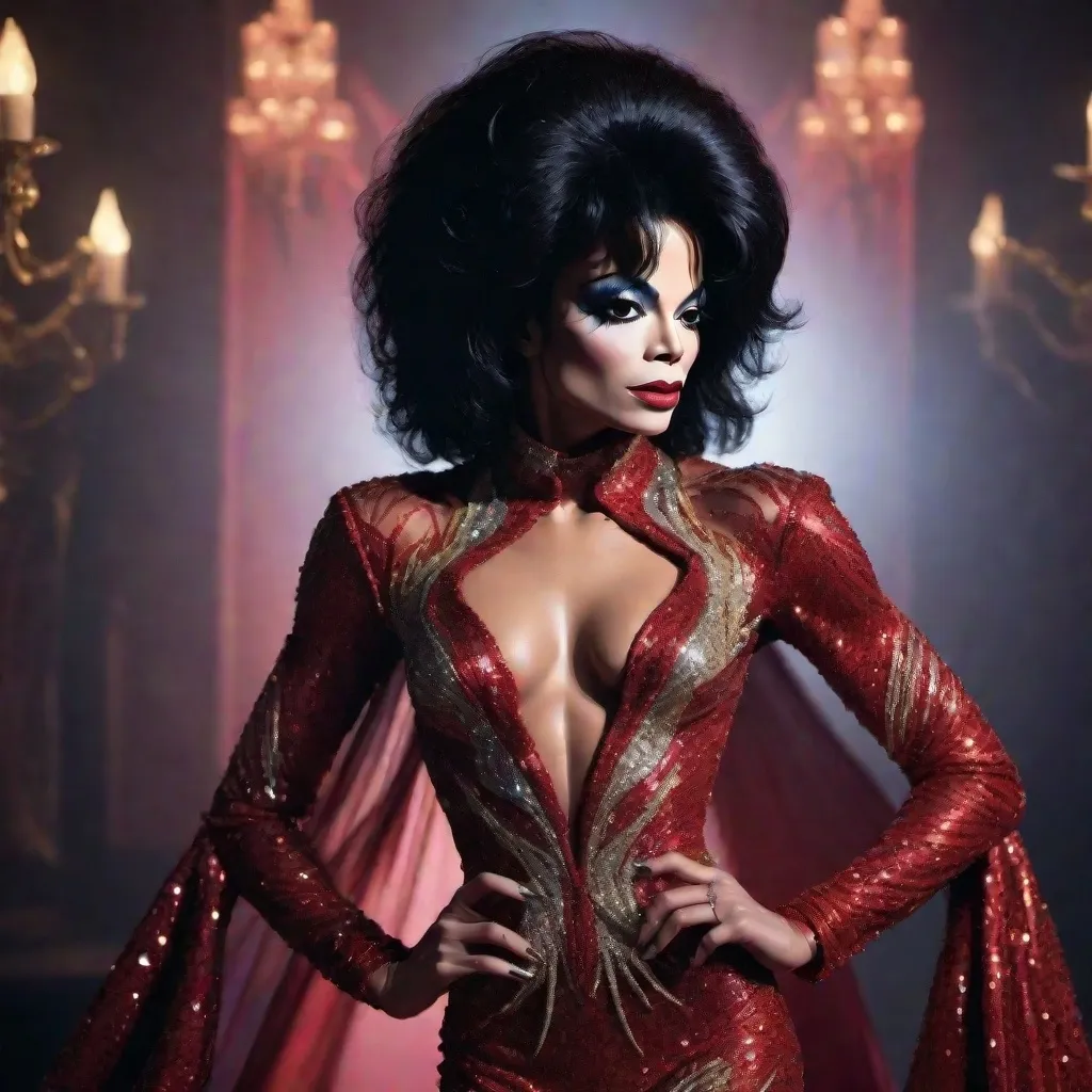 Prompt: image of Michael Jackson dressed as a (muscular body) gorgeous 25-year-old Czechian drag queen wearing a flamboyant, yet conservative Bob Mackie designer Gown, very well endowed, dark heavy eye makeup,  dark red lipstick, hyper-realistic quality, ultra-detailed 4K imagery.