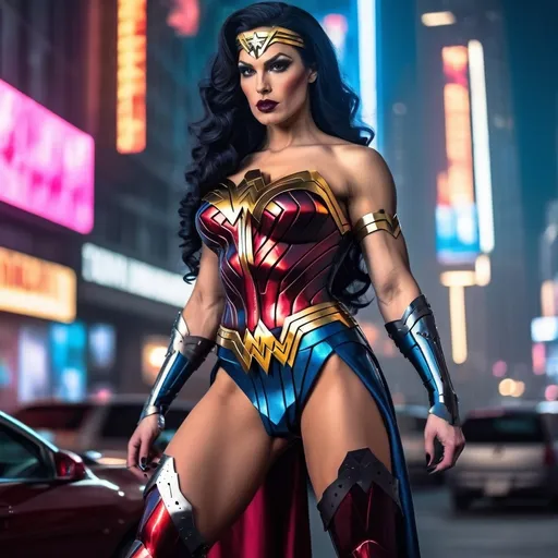 Prompt: Gorgeous muscular cyberpunk drag queen Wonder Woman, great legs, crystal high heels,  dark lipstick.
