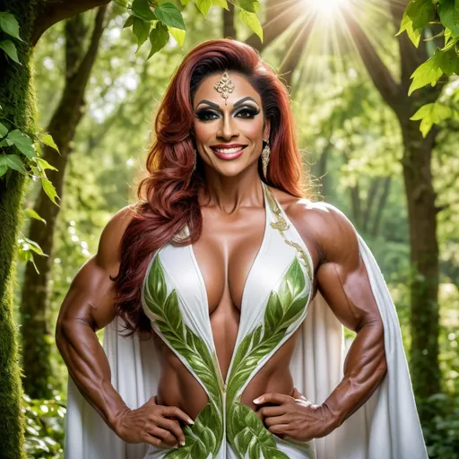 Prompt: Gorgeous muscular 35-year-old Pakistani drag queen bodybuilder with large busom, (phtorealistic) (high detail), 8k, standing confidently in a beautiful, close up, smiling at the viewer, enchanted medieval forest, wearing a simple white robe, under dappled sunlight, vibrant green leaves framing the scene, ethereal ambiance with soft, magical glow, rich textures of the armor contrasting with natural surroundings, ultra-detailed, cinematic quality, inviting exploration of this enchanting realm.