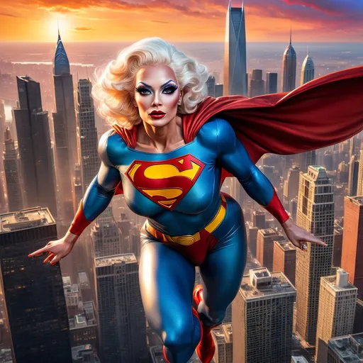 Prompt: (A heroic drag queen in a superman costume), soaring gracefully above a bustling cityscape, skyline shimmering under the setting sun, (dynamic pose), nerves of steel, vigilant gaze scanning for danger below, vibrant colors, with a backdrop of towering skyscrapers and a colorful sunset, (ultra-detailed), evoking a sense of adventure and superheroic bravery.