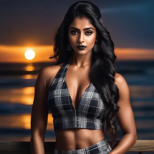 Prompt: full body photo of a young 23-year-old bodybuilder indian girl. Ridiculously long hair. died tips. Huge busom. Bodybuilder, wearing plaid pleated miniskirt. gothic black lips. very attractive. high detail realistic, professional photo. Studio lighting, backlit, realistic lighting. hdr uhd 8k ultra-realistic render,  very high detail skin, beautiful face, sunset. Boardwalk. 