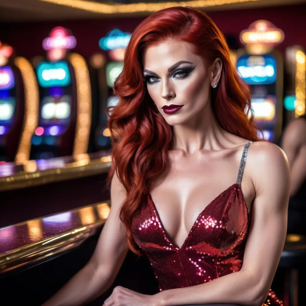 Prompt: Gorgeous, muscular, transwoman showgirl (with very strong masculine jawline and brow) with long luscious bright red hair, dark eye makeup,  and dark lipstick wearing a beautiful designer sequined gown and heels. Sitting confidently at the bar in a casino. 