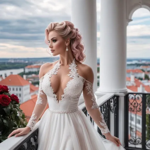 Prompt: Gorgeous ultra-muscular 25-year-old Finnish goddess bodybuilder with huge busom and ridiculously long wavy pink updo hairstyle wearing an elegant white wedding dress, standing on the balcony of her luxurious mansion overlooking the city skyline. She has soft makeup. The gown features delicate lace detailing along its bodice and halter neckline, complemented by sheer sleeves that accentuate her figure's curves. Her pose is confident yet graceful as she gazes out at the horizon, embodying grace and elegance in timeless beauty in the style of a classic painting