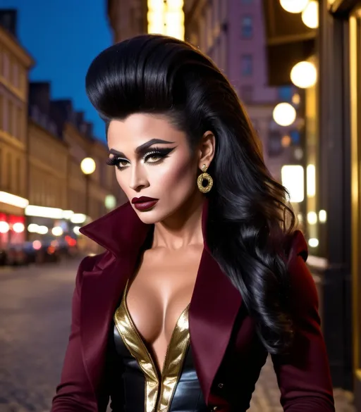 Prompt: Imagine James Dean as a Gorgeous ultra-muscular 25-year-old drag queen bodybuilder with ridiculously long styled black hair, wearing a maroon tailcoat with gold trim, black miniskirt, 8 inch stiletto high heel Prada boots, standing outside Stockholm nightclub at night, 8k photo, high detail, elegant, glamorous, nightlife, olive skin, sophisticated, detailed makeup, wavy hair, luxurious attire, atmospheric lighting