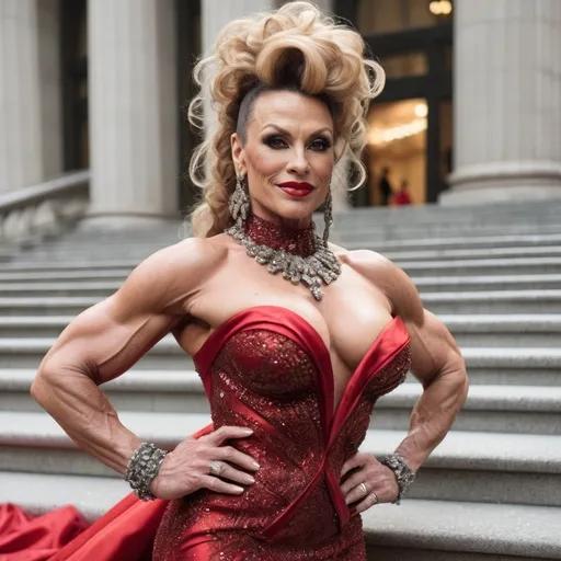 Prompt: Glamour photography of Gorgeous ultra-muscular 45-year-old (Caucasian) Czechian drag queen bodybuilder with a huge busom, and ridiculously long wavy salt & pepper tight updo hair on the Met Gala steps in New York wearing designer bronze and red gown with long train, intricate details, glitter and jewels, posed 3/4 turn standing, smile, in the style of Guy Aroch