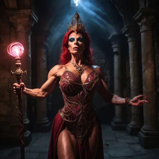 Prompt: A gorgeous muscular 35-year-old French drag queen bodybuilder sorceress from ancient times stands in the dimly lit dungeon of a grand castle, wielding a sacred ruby-encrusted staff. Ethereal wisps of magical energy swirl around her as she chants an incantation, her eyes glowing with an otherworldly light.  The atmosphere is filled with a sense of mystery and enchantment, as shimmering arcane symbols illuminate the air, marking the climax of an intense battle between magic and beast. Luxury  Ruby Necklace(hyper intricate realistic detail)