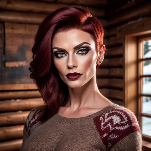 Prompt: Extremely beautiful, muscular 35-year-old Russian drag queen, detailed very short stylish dark red hair, flawless skin, dark eye makeup, dark lipstick, detailed eyes, natural beauty, very strong masculine jawline, form-fitting seasonal sweater, cozy modern log cabin interior background, winter season, realistic professional photography, high quality, detailed, realistic, cozy, ginger, long hair, flawless skin, candid moment, modern log cabin, seasonal sweater, detailed eyes, natural beauty, professional photography, winter season, cozy lighting