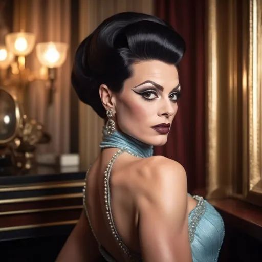 Prompt: photorealistic, (old Hollywood 1960s style), (a Gorgeous muscular 40-year-old Hungarian drag queen (extremely strong masculine jawline and brow features)), elegant attire, dark eye makeup, dark lipstick, full length body, soft lighting capturing a nostalgic atmosphere, muted pastel colors, random hair color, random hair length, timeless beauty, luxurious and refined setting, classic film vibe, vintage glamour, intricately detailed background elements, opulent decor, art deco influences, airy ambiance, warm tones, HD, ultra-detailed, cinematic quality.