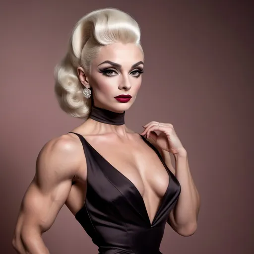 Prompt: photorealistic, (old Hollywood style), (sophisticated gorgeous muscular 25-year-old Russian drag queen bodybuilder (strong masculine jawline and brow features)), elegant attire reminiscent of Audrey Hepburn, full length body, platinum blonde hair styled in vintage glamour, dark smoky eyeshadow and dark red lipstick,  soft lighting capturing a nostalgic atmosphere, muted pastel colors, timeless beauty, luxurious and refined setting, classic film vibe, vintage glamour, HD, ultra-detailed,