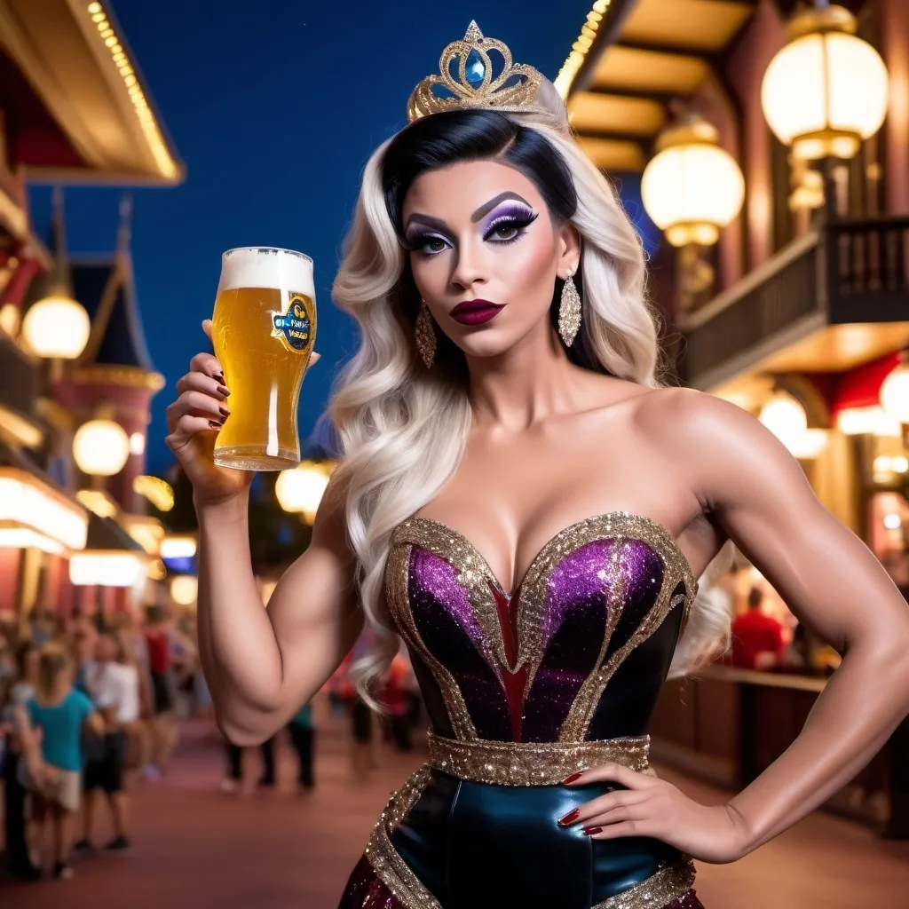 Prompt: Gorgeous ultra-muscular 25-year-old Swedish drag queen Jasmine (Disney princess) with 8 inch stiletto high heel shoes, dark mascara, eyeshadow and dark red lipstick, standing in Disney World holding a beer and flirting with guests at night