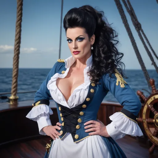 Prompt:  Gorgeous muscular 35-year-old French drag queen Pirate (strong masculine jawline and brow facial features) with long curly black hair and big busom, detailed clothing, realistic, natural lighting, shiny black hair in a ponytail, pale blue eyes, Revolutionary Era Naval Uniform, standing on the deck of a galleon, moonlight mid-battle, dramatic lighting, dynamic and intense atmosphere, moon casting silver tones, ocean waves crashing, cannons firing, ultra-detailed, cinematic masterpiece.