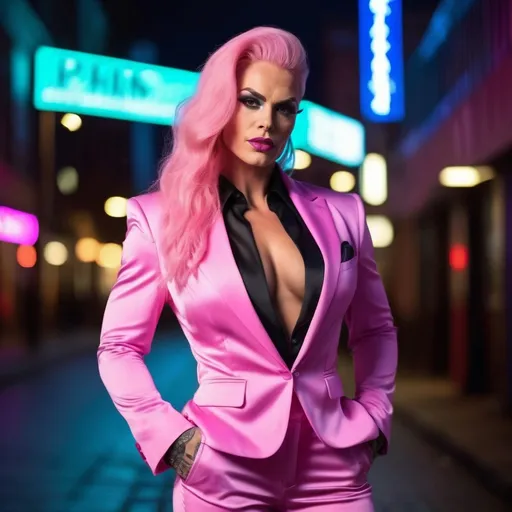 Prompt: Gorgeous muscular 35-year-old Icelandic drag queen bodybuilder (masculine jawline and brow features) with large busom, wearing a tailored silk suit, ridiculously long wavy platinum pink hair, Northern lights background, urban night background, fashionable, 8 inch stiletto high heel shoes, fingers in jacket pockets, neon lighting, highres, detailed, urban, androgynous, blue silk suit, narrow tie, short hair, urban night, fashionable, night lights, neon lighting, urban fashion. Composition focus on muscular physique. 