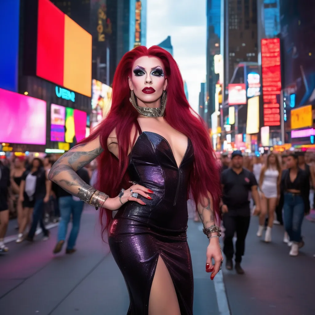 Prompt: Gorgeous masculine 25-year-old Czechian drag queen with long dark red hair wearing a mix of men's and women's clothes. 8 inch stiletto high heel shoes.  Dark eye makeup and dark lipstick.  Location: Time Square.