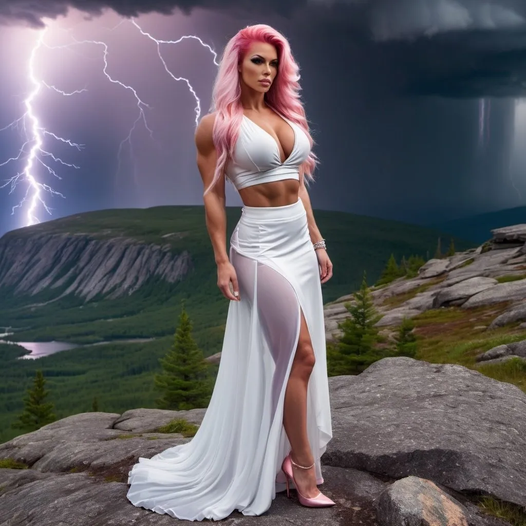 Prompt: A picture of a Gorgeous, ultra-muscular, 
Finnish 25-year-old goddess bodybuilder with huge busom and long stylish pink hair, wearing flowing skirt, a wrap around blouse, and 8 inch stiletto high heel shoes, alone on a mountain top during a lightning storm.