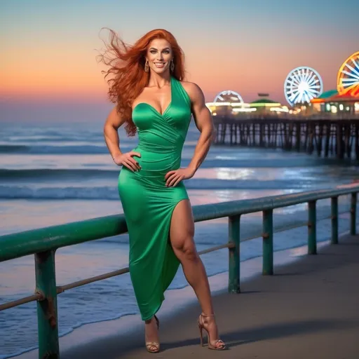 Prompt: Hi-res, 8k hd, Full body photography, Gorgeous tall ultra-muscular Czechian drag queen bodybuilder (masculine jawline and brow facial features), 25 years old, ridiculously long wavy burnt orange hair (((blowing in wind))), crystal blue eyes, long muscular legs, huge busom, muscular physique, immaculate glamour makeup, smiling, lush curvy figure, short green striped flowing dress, 8 inch high heel shoes, standing in front of the Santa Monica Pier at dusk, 8k photo, elegant, stylish, Californian culture, detailed features, highres, natural lighting, vibrant colors. Full length photography, full body photography. Ultra-detailed,  ultra-realistic. 