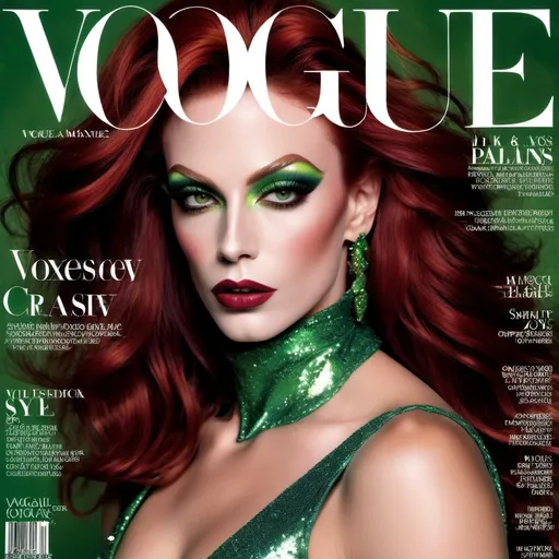 Prompt: (90s Vogue Magazine Cover), ethereal and whimsical, (vibrant color scheme), high-fashion editorial style, gorgeous muscular 35-year-old French drag queen model (masculine facial features) with sassy dark red hair, striking green eyes, dark smoky eyeshadow, enchanting expression, pretty lips, dark lipstick, luxurious glittery details, magical aesthetic, ultra-detailed, sparkly, glossy finish, captivating photography with dramatic lighting, alluring atmosphere, cosmopolitan elegance, celebrity fashion icon, stylish and trendy presentation.