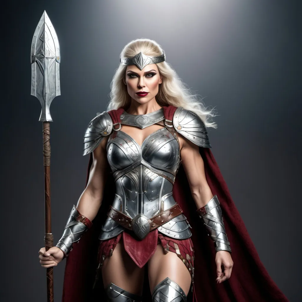 Prompt: Generate a highly photorealistic portrait full body shot of a gorgeous muscular 35-year-old Viking Valkyrie drag queen (strong masculine jawline and brow features) with large busom, holding a magical spear, silvery viking armor with runes, dark red lipstick, thick legs, over knee boots. She is looking down while standing. She is standing in an ancient Viking city.